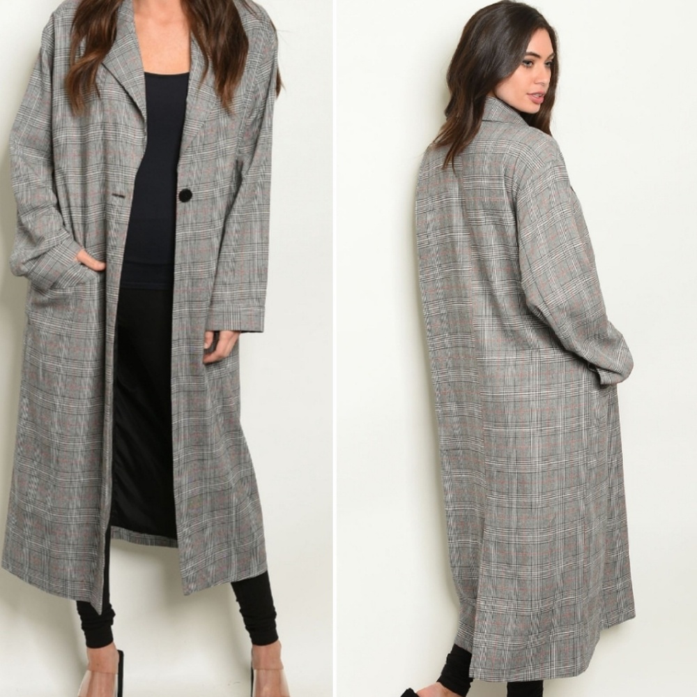 Long sleeve open front checkered long coat